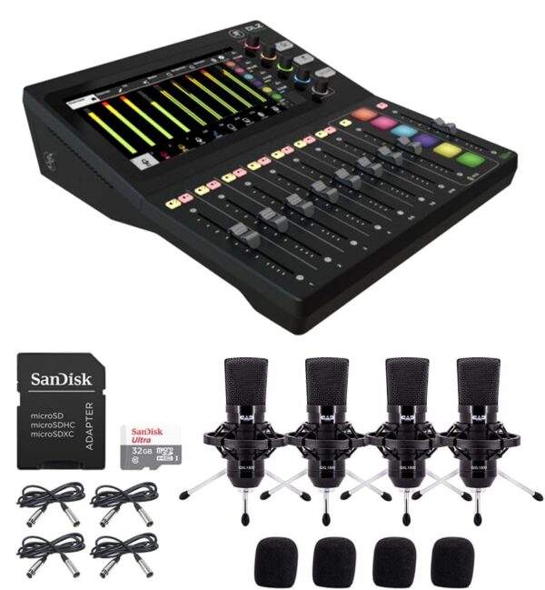 Mackie DLZ Creator Adaptive Digital Mixer with Mix Agent Technology Bundle with 4x CAD GXL1800 Side-Address Studio Condenser Microphone and SanDisk 32GB Memory Card with SD Adapter